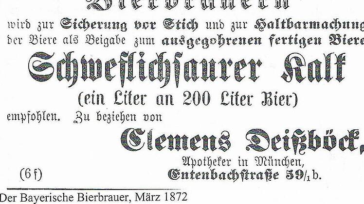 Trotz Reinheitsgebot: In Brauerei-Fachzeitschriften in Bayern werden unerlaubte Zusatzstoffe ungeniert angeboten. Die Anzeigen stammen aus "Der Bayerische Bierbrauer" des Jahres 1872.