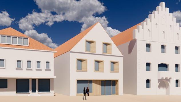 Planänderung: Ein Gesims soll jetzt die Fassade des Bürgerhauses (Mitte) gliedern.Foto: Visualisierung/Raum3 Massari und Partner; SRAP