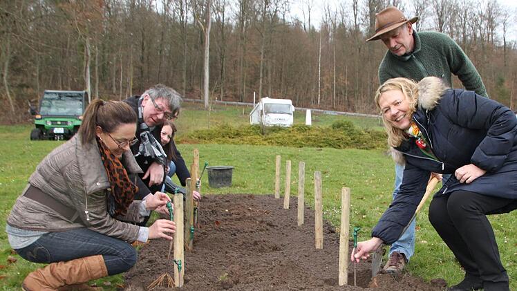 Freudentag: Kurdirektorin Andrea Schallenkammer (rechts) setzt zusammen mit Marketing-Chefin Bettina Lange (von links), Michael Jansen, Weingutsdirektor des Staatlichen Hofkellers Würzburg, Simone Reinisch und Robert Hildmann Pfropfreben in die Erde. Foto: Ulrike Müller