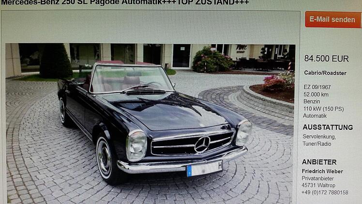 Die Anzeige des tatsächlichen Besitzers, der den 250 SL aktuell auf mobile.de anbietet - für 84 500 Euro.