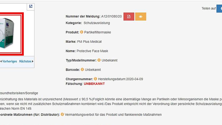 Auf der Seite Safety Gate der EU liegt eine Produktwarnung zu Masken von Plus Medical vor.