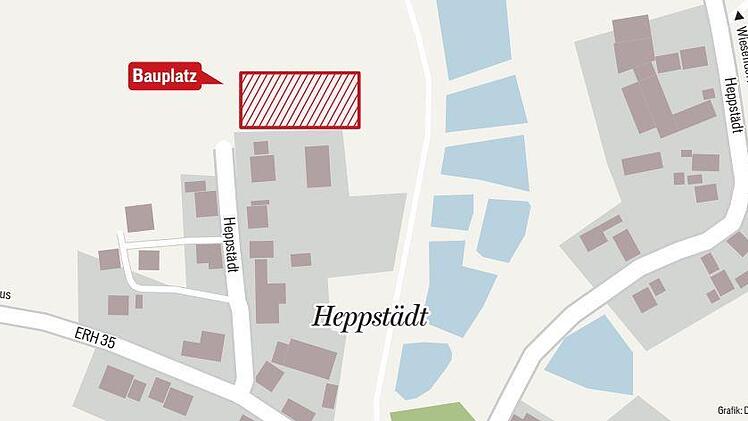 Karte nördliche Ortsgrenze Heppstädt. Es geht um das rechteckige Areal über den Häusern in der Mitte.