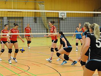 Die Hammelburgerinnen Laura Schmitt, Christine Fell, Jana Baumgart und Christin Heim (in rot) im Spiel gegen den TV Erlangen. Foto: ssp
