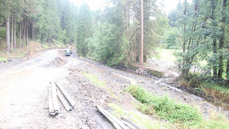 Der Kremnitzfluss wird umgeleitet. Das Wasser fließt von einem extra angelegten Graben zwischen den Bäumen wieder ins Flussbett zurück.  Foto: Friedwald Schedel