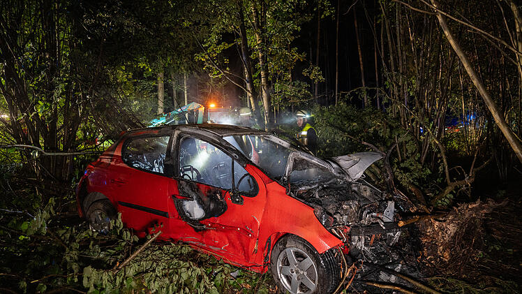 Auto gerät in Wald und fängt Feuer
