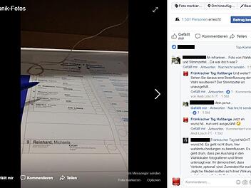 Das Foto eines (unausgefüllten) Stimmzettels in der Wahlkabine kommentierten die Facebook-Besucher kontrovers. Screenshot: Fränkischer Tag