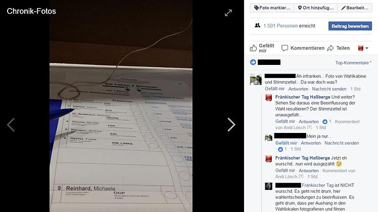 Das Foto eines (unausgefüllten) Stimmzettels in der Wahlkabine kommentierten die Facebook-Besucher kontrovers. Screenshot: Fränkischer Tag