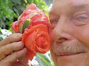 Die Rose "Morgentau" macht Lust auf den kommenden Tag — Franz Wänninger genießt ihren Duft. Der Rosenexperte hat seinen Züchtungen poetische Namen gegeben. Foto: Diana Fuchs