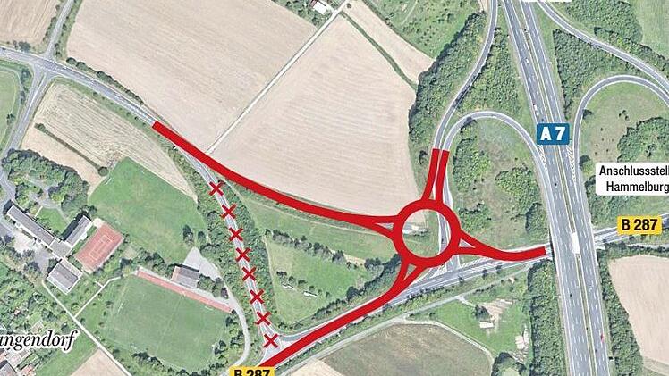 So sieht die Planung des Langendorfer Kreisels von 2019 aus: Durch die Lage nördlich der Abzweigung verkürzen sich die Auf- und Abfahrt der Autobahn, aber Bundesstraße B 287 und die Kreisstraße KG 37 lassen sich besser anbinden.