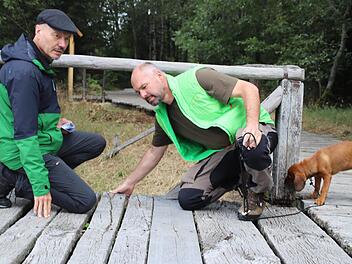 Ein n&auml;chster Abschnitt des Bohlenstegs im Schwarzen Moor wird ausgetauscht. Wie n&ouml;tig die Ma&szlig;nahme ist, verdeutlichen Klaus Spitzl (links) und Schutzgebietsbetreuer Torsten Kirchner vor Ort, w&auml;hrend Dachsbracke Anni ganz anderen Spuren nachgeht. Thomas Pfeuffer