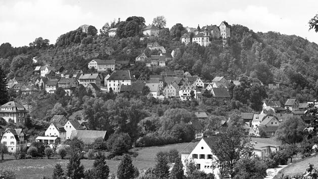 Egloffstein im Jahr 1960: im Vordergrund der Gasthaus, sp&auml;ter das Hotel H&auml;fner. Viel Wald gab es noch im Ort. Links vom gro&szlig;en Walmdachgeb&auml;ude (Witwenpalais derer von Egloffstein) sieht man das kleinere BdK-Haus hinter einem Fachwerkhaus, das heute der Gemeinde geh&ouml;rt und eine Arztpraxis beherbergt.Repro: Reinhard L&ouml;wisch
