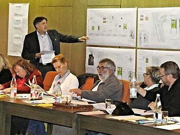 Bürgermeister Harald Pascher (stehend) erläuterte anhand von Plänen zusammen mit Stadtplaner Jürgen Bergmann das neue Beschilderungskonzept der Stadt Ebern.  Fotos: Helmut Will