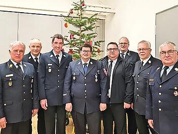 Bei der Verbandsversammlung (von links) KBR Joachim Ranzenberger, Stefan Steger, Florian Strobel, Alexander Wilhelm, Dirk Raupach, Stefan H&auml;rtlein, Heinrich Scharf und Bezirksfeuerwehrverbands-Vorsitzender Hermann Schreck