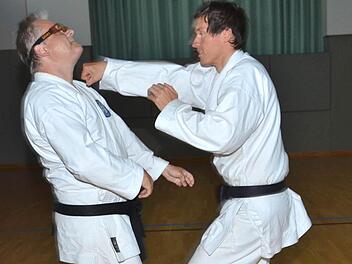 Heiko Röder (rechts) beim Karate-Training mit dem Trebgaster Dojo-Leiter Peter Kerrmann. Fotos: Dieter H übner