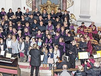 Ein beeindruckendes Adventskonzert boten die vier Chöre des Gesangvereins "Eintracht" Wonfurt, die Blaskapelle Wonfurt sowie weitere Instrumentalisten unter der Gesamtleitung von Waltraud Hellwig in der Pfarrkirche von Wonfurt. Unser Bild zeigt alle Mitwirkenden.  Foto: Ulrike Langer