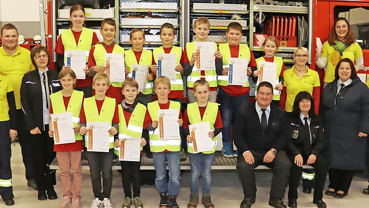 Der erfolgreiche Feuerwehrnachwuchs pr&auml;sentiert stolz die ausgeh&auml;ndigten Urkunden.