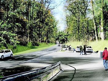 So soll nach dem Abschluss der Bauarbeiten die "neue" Wolfskehle aussehen. Entlang der Straße verläuft ein Geh- und Radweg. Der Kohlenbach fließt seitlich davon talwärts. Foto: Visualisierung IBP