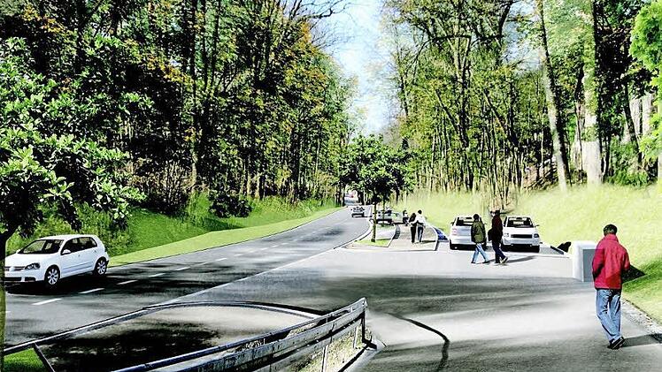 So soll nach dem Abschluss der Bauarbeiten die "neue" Wolfskehle aussehen. Entlang der Straße verläuft ein Geh- und Radweg. Der Kohlenbach fließt seitlich davon talwärts. Foto: Visualisierung IBP
