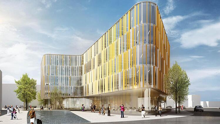 Diese Computeranimation zeigt den Siegerentwurf des österreichischen Architekturbüros, der unter anderem als Fassade eine zweite Haut aus vertikalen Lamellen vorschlägt. Repro: FT