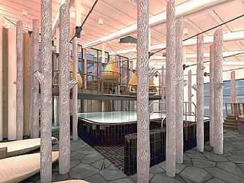 Nicht mehr hoch und schön ruhig: So soll der neue Ruhebereich für Saunagänger in der "Therme Natur" bald aussehen. Grafik: Schumann Architektur