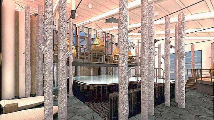 Nicht mehr hoch und schön ruhig: So soll der neue Ruhebereich für Saunagänger in der "Therme Natur" bald aussehen. Grafik: Schumann Architektur