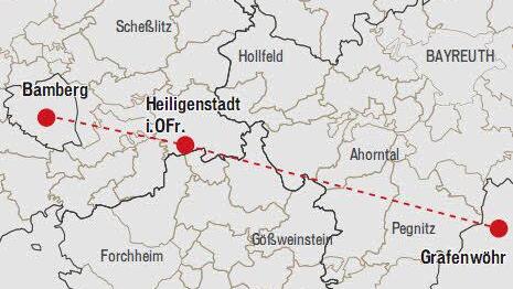 Eine exklusive US-Standleitung mitten durch die Fränkische Schweiz: Mit dem Abzug der Amerikaner aus Bamberg könnten Gemeinden wie Heiligenstadt plötzlich von dem "Geheimkabel" profitieren und den Breitband-Ausbau schneller und billiger voranbringen. Die Grafik deutet lediglich den groben Verlauf an. Grafik: Tanja Friedrich
