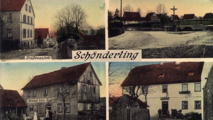 Die historische Ansichtskarte zeigt, wie es 1914 in Schönderling an einigen Ecken ausgesehen hat. Foto: Sammlung Jürgen Lieb