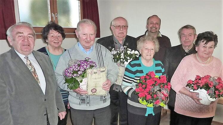 Ehrungen und Auszeichnungen bei der KAB Stockheim. Von links: Kreisvorstandsmitglied Heinz Hausmann, Alice Fehn, Willi Müller, das neue Ehrenmitglied Leonhard Kürzinger, Franziska Detsch, dritter Bürgermeister Jörg Roth, Hubert Busse sowie Brigitte Bernschneider.  Foto: gf