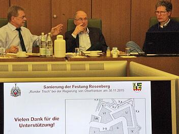 Auf Bildschirmen wurde den Stadtratsmitgliedern in der Sitzung am Montag der Sachstand der Festungssanierung erläutert. Die gleiche Präsentation wurde zuvor auch genutzt, um der Regierung von Oberfranken das Geleistete und das Konzept für die kommenden drei Jahre aufzuzeigen. Im Hintergrund (v. l.): Bürgermeister Wolfgang Beiergrößlein, Kämmerer Wolfgang Günther und Stadtplaner Daniel Gerber. Foto: Marco Meißner