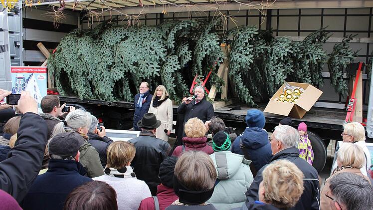 Einmal einen Blick auf den Baum erhaschen: Oberbürgermeister Norbert Tessmer, Bürgermeisterin Birgit Weber und Bundestagsabgeordneter Hans Michelbach (vor dem Baum, von rechts) verabschiedeten den Transport offiziell.  Foto: Ulrike Nauer