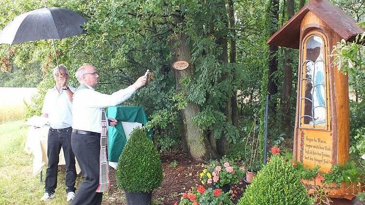 Stadtpfarrer Helmut Hetzel segnete die Gebetsstätte. Hans Kolb aus Haundorf hat die Marienstatue zur Verfügung gestellt.  Foto: Manfred Welker