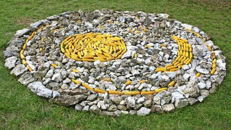 "Nebra" heißt dieses Kunstwerk aus Lesesteinen und Maiskolben - sehr zur Freude von Wildschweinen, die sich den Mais schmecken ließen.