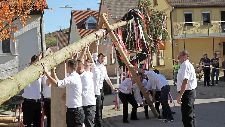 Beim Aufstellen des Kauernhöfer Kerwabaums unter dem Kommando von Georg Seitz (r.) Foto: Mathias Erlwein
