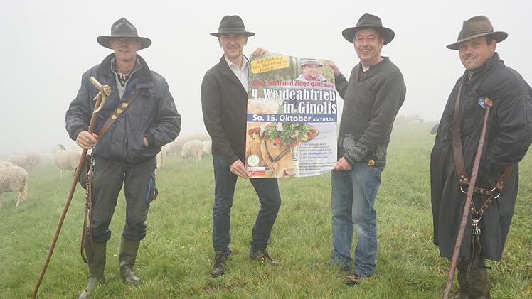 Auch wenn in diesen Tagen dicker Nebel die Rhönschafe oberhalb von Ginolfs einhüllt. Die Vorbereitungen  zum 9. Weideabtrieb  laufen auf Hochtouren. Das Bild zeigt von links: Schäfer Michael Bökelmann, Peter Schrenk, Josef Kolb und Schäfer Julian Schulz. Foto: Marion Eckert