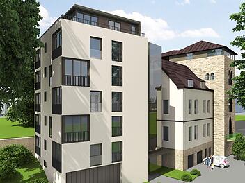 So könnte der Neubau (links) aussehen: Er schließt sich an das bestehende Gebäudeensemble an und ist in etwa genauso hoch wie der Bärenturm (rechts). Repro: Jürgen Günther