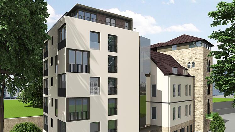 So könnte der Neubau (links) aussehen: Er schließt sich an das bestehende Gebäudeensemble an und ist in etwa genauso hoch wie der Bärenturm (rechts). Repro: Jürgen Günther