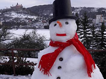 Der Kulmbacher Klassiker - Schneemann mit der Plassenburg im Rücken. Die frostige Gestalt steht im Hetenhof in der Lorenz-Sandler-Straße. Foto: Hedwig Meisel