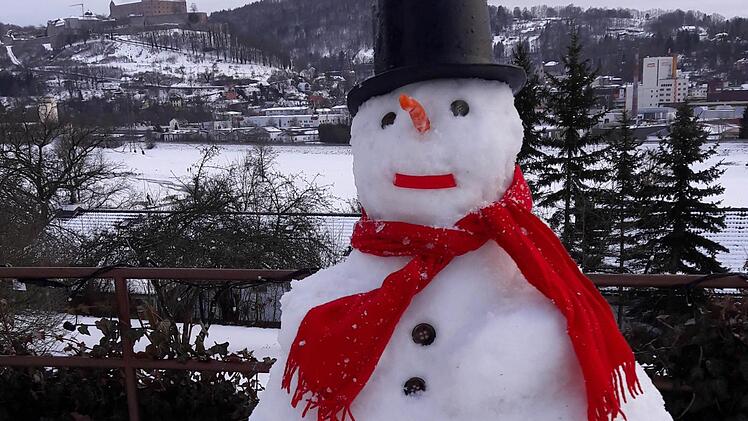 Der Kulmbacher Klassiker - Schneemann mit der Plassenburg im Rücken. Die frostige Gestalt steht im Hetenhof in der Lorenz-Sandler-Straße. Foto: Hedwig Meisel