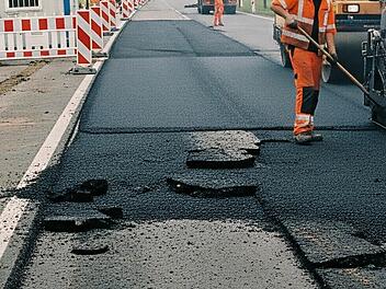 Bauarbeiten auf einer Bundesstraße im Zuge einer Sanierung. Die Straße erhält einen neuen Asphalt.