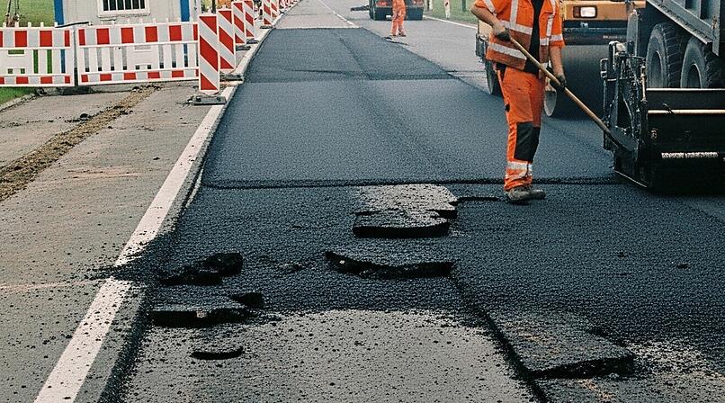 Bauarbeiten auf einer Bundesstra&szlig;e im Zuge einer Sanierung. Die Stra&szlig;e erh&auml;lt einen neuen Asphalt.