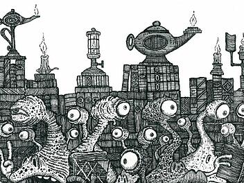 Buchling-Fries aus "Das Labyrinth der Träumenden Bücher". Leihgabe: Walter MoersDas Faszinierendste an dieser Grotte waren ihre Bewohner: Hunderte von kleinen einäugigen Kreaturen, die alle Golgo, Gofid und Danzelot ähnelten, sich aber gleichzeitig von ihnen in irgendwelchen Details unterschieden. Sie waren mal dick, mal dünn, mal größer, mal kleiner, die einen hatten lange dürre Gliedmaßen, die anderen kurze und kräftige, und jede einzelne von ihnen schien über eine individuelle Hautfarbe zu...