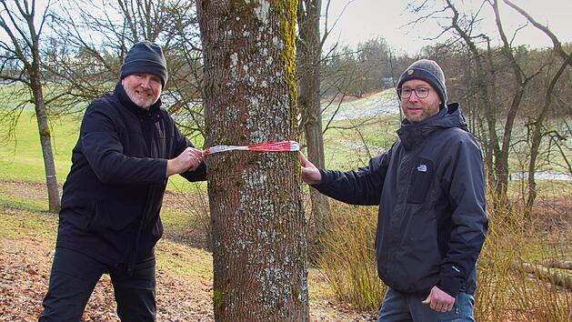 Bernhard Ledermann (links) und Stephan Just markieren die B&auml;ume, die direkt auf dem Ketschendamm wachsen und aus Gr&uuml;nden des Hochwasserschutzes gef&auml;llt werden m&uuml;ssen.Foto: Stadt Coburg