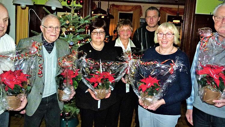 Ehrungen standen im Mittelpunkt der Weihnachtsfeier des Gesangvereins Schwarzach-Schmeilsdorf. Von links Hans Schuberth, Kondrad Biedermann, Rita Oppelt, Vorsitzende Elfriede Stenglein, Chorleiter Peter Frick, Heidi Passing und Max Bär.  Foto: Werner Reißaus