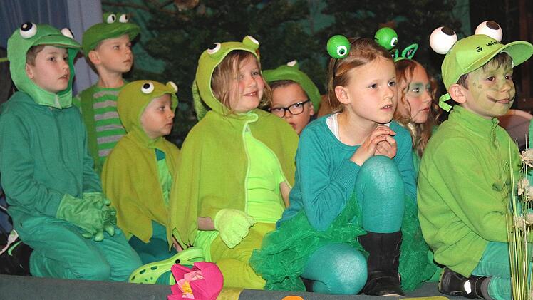 Die Frösche vom Teich (von links Niklas Dingler, Simon Wahl, Veit Nüsslein, Lilly Bartl, David Wacker, Angeline Tschiggfrey, Annalena Schneider und Jonas Metz) waren der Meinung, dass Quaken das beste für Frösche ist und wollten keine Ausnahmen tolerieren.