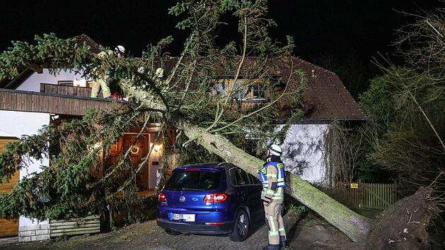 "Eberhard" fegte mit einer Geschwindigkeit von bis zu 120 km/h über Oberfranken und hat dabei auch einige Bäume entwurzelt. Hier befreit die Feuerwehr Memmelsdorf das Haus eines Landkreisbewohners von einem 15 Meter hohen, umgestürzten Baum. Foto: News5/Merzbach