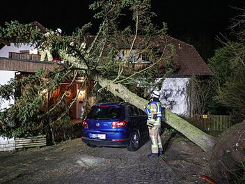 "Eberhard" fegte mit einer Geschwindigkeit von bis zu 120 km/h über Oberfranken und hat dabei auch einige Bäume entwurzelt. Hier befreit die Feuerwehr Memmelsdorf das Haus eines Landkreisbewohners von einem 15 Meter hohen, umgestürzten Baum. Foto: News5/Merzbach