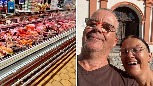 Links: Eine Fleischtheke mit diversen Wurstsorten. Rechts: Ein Selfie von zwei Personen, fr&ouml;hlich l&auml;chelnd, vor einem Geb&auml;ude.