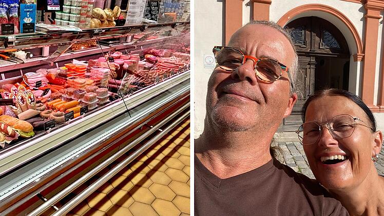 Links: Eine Fleischtheke mit diversen Wurstsorten. Rechts: Ein Selfie von zwei Personen, fröhlich lächelnd, vor einem Gebäude.