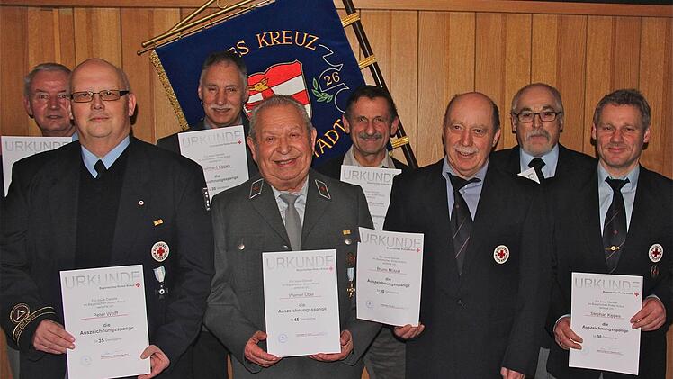 Ehrung langjähriger Mitglieder: Peter Wolff, Werner Uebel, Bruno Mützel, Stephan Kippes (vorn v. l.), Horst Büchner, Reinhard Kippes, Josef Kapfhammer und Konrad Rumpel (hinten v. l.). Foto: Gerd Schaar