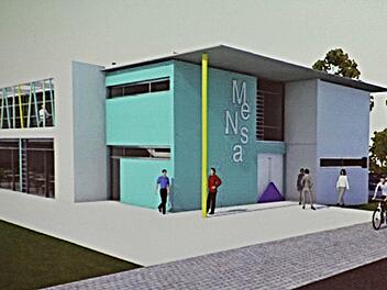 So kann sich nach Vorstellungen des Architekten Günther Pollach aus Schweinfurt das künftige Mensa- und Betreuungsgebäude mit der Frontseite präsentieren. Foto: Helmut Will